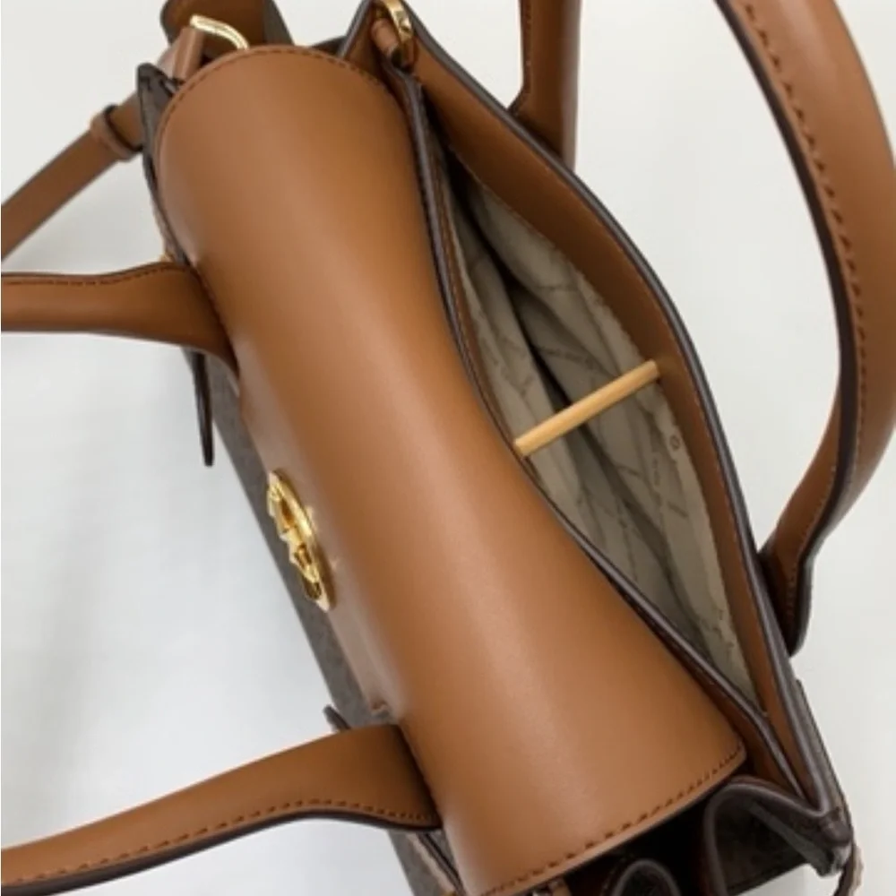MICHAEL KORS Carmen Medium Faux Leather Belted Satchel Brown Signature color